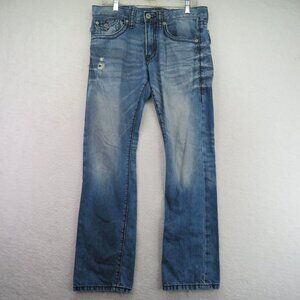 Express Rocco Jeans Mens Size 30 x 32 Distressed Bootcut Blue Denim Button Flap